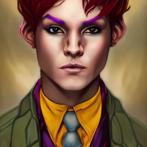 Prompt: dnd character portrait of a beautiful and androgynous half - elf with messy short red hair and catlike features and dark skin tone and yellow eyes with slit pupils, golden hour, wearing a colorful men's suit, realistic painting by tasha beckwith and ross tran and kehinde wiley and gerald brom and alphonse mucha, trending on artstation