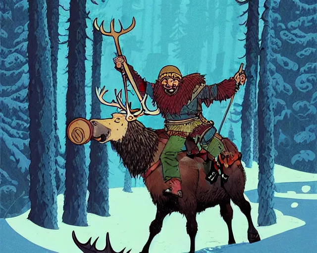 Image similar to cell shaded cartoon of a hairy chebo viking riding a moose, snowy forest, subtle colors, post grunge, concept art by josan gonzales and wlop, by james jean, victo ngai, david rubin, mike mignola, deviantart, art by artgem