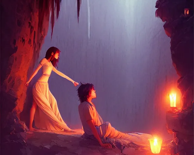 Image similar to a cinematic boy girl traditional romance moment, exploring the caves boho clothing, full body illustration, bestselling movie art poster, official media, 1970s fashion, dynamic lighting official anime media, incredible art by artgerm and greg rutkowski