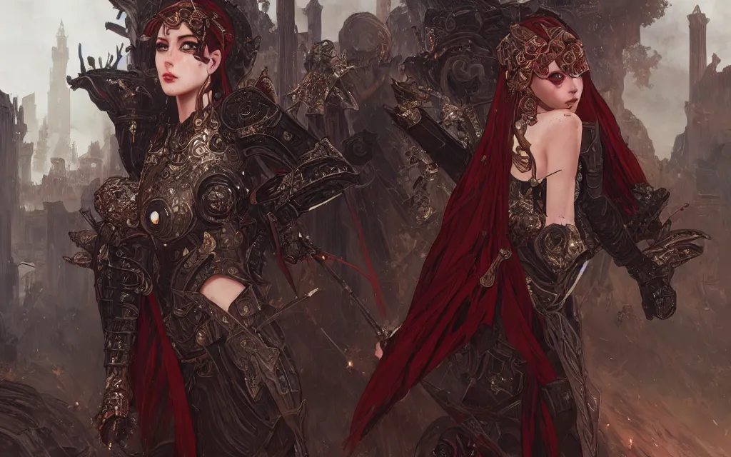 Image similar to knights of zodiac girl + smoky eyes, black and reddish armor, knight cinematic shot, in ruined agora of athens, ssci - fi and fantasy, intricate and very very beautiful and elegant, highly detailed, digital painting, artstation, concept art, smooth and sharp focus, illustration, art by tian zi and wlop and alphonse mucha