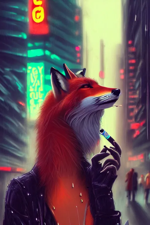 Image similar to beautiful portrait of a tall female anthro fox, smoking a cigarette in a crowd, a wet city street, cyberpunk, harsh neon lights, highly detailed, deep shadows, digital painting, shallow depth of field, illustration, art by sakimichan, artgerm