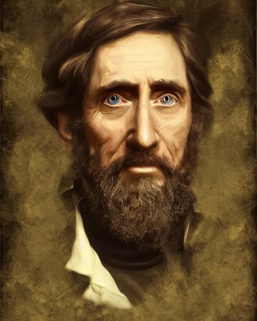 Prompt: henry thoreau in the woods portrait painting highly detailed procreate, 3d render senior artist, photorealistic, textured, featured on artstation