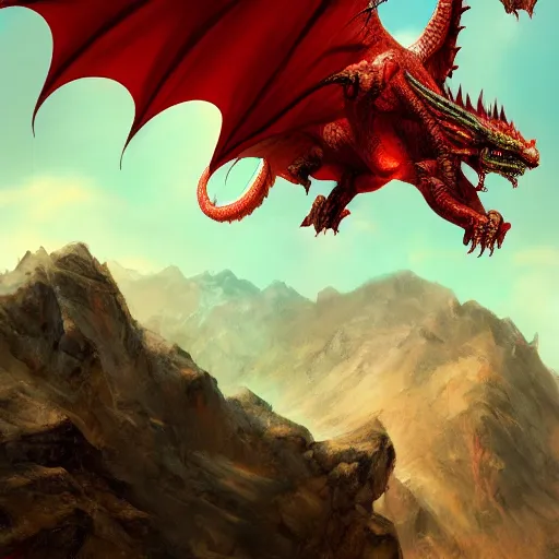 Image similar to red dragon flying in mountain landscape, illustration, epic, fantasy, intricate, hyper detailed, artstation, concept art, smooth, sharp focus, rj palme