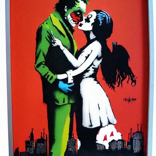 Image similar to banksy as joker and harley queen kissing, realistic content, detail content, paper border, 5 color