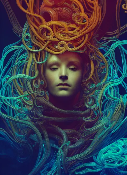 Prompt: subsurface scattering, medusa made of soft wax, cgsociety, translucent, wooden art nouveau swirls, colored smoke, gold cables, neurons, nuclear, in the style of ruan jia and beeple and giger, mystical colors, back light, rim light, dramatic lighting, 8 k, stunning scene, raytracing, octane render