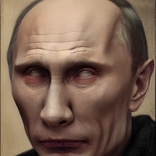 Image similar to portrait of vladimir putin, voldemort putin hybrid, putin face, vladimir putin anthropomorphic transformation, macabre, horror, by donato giancola and greg rutkowski and wayne barlow and zdzisław beksinski, realistic face, visible face, digital art