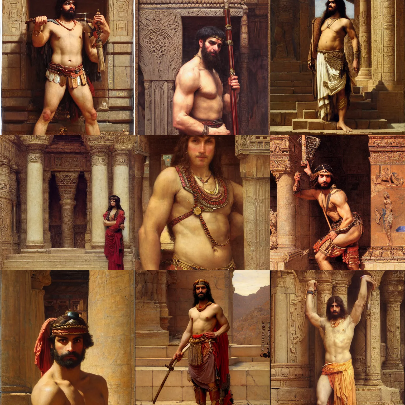 Prompt: orientalist portrait of a barbarian standing in a sandstone temple intricate portrait by john william waterhouse and Edwin Longsden Long and Theodore Ralli and Henryk Siemiradzki, very coherent symmetrical artwork. Cinematic, hyper realism, high detail 8k