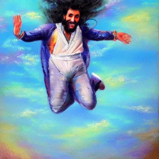 Prompt: arab man with long curly hair skydiving, pastel colors, oil painting, dreamy