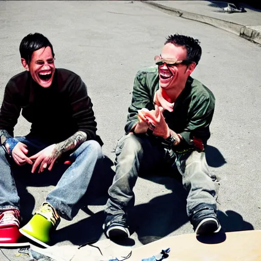 Prompt: Photo of Steve-o and Johnny Knoxville laughing at Bam Margera falling off his skateboard