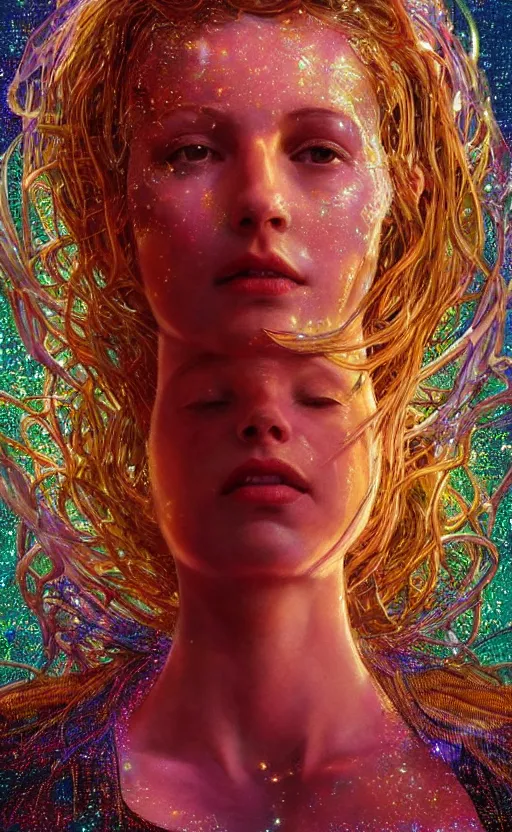 Image similar to extremely detailed cinematic movie still 3 0 7 7 full body shot of 2 5 years old woman inside woman inside woman hyperreal skin face golden energy strings art - nouveau style with colorful shining crystals by denis villeneuve, wayne barlowe, simon birch, marc simonetti, philippe druillet, bright volumetric sunlight, rich moody colors, bokeh