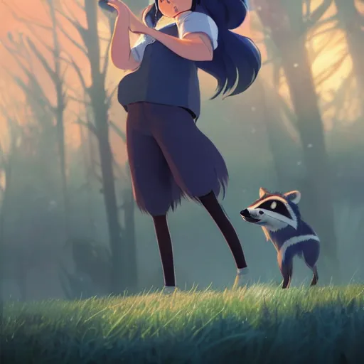 Image similar to a wholesome animation key shot of a girl with long dark blue hair and a raccoon tail, medium shot, studio ghibli, pixar and disney animation, sharp, rendered in unreal engine 5, anime key art by greg rutkowski, bloom, dramatic lighting, trending on artstation