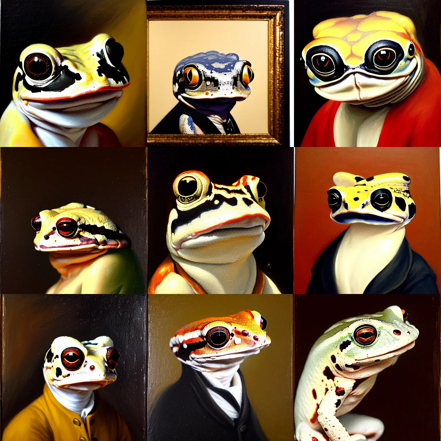 Prompt: a head and shoulders portrait painting of an anthropomorphic!!!!!!!!!! amazon milk frog!!!!!!!!!! wearing a black!!!!!!!!!! colonial outfit without a hat looking off camera, a character portrait, romanticism, oil on canvas, visible hatched brushstrokes, intense color