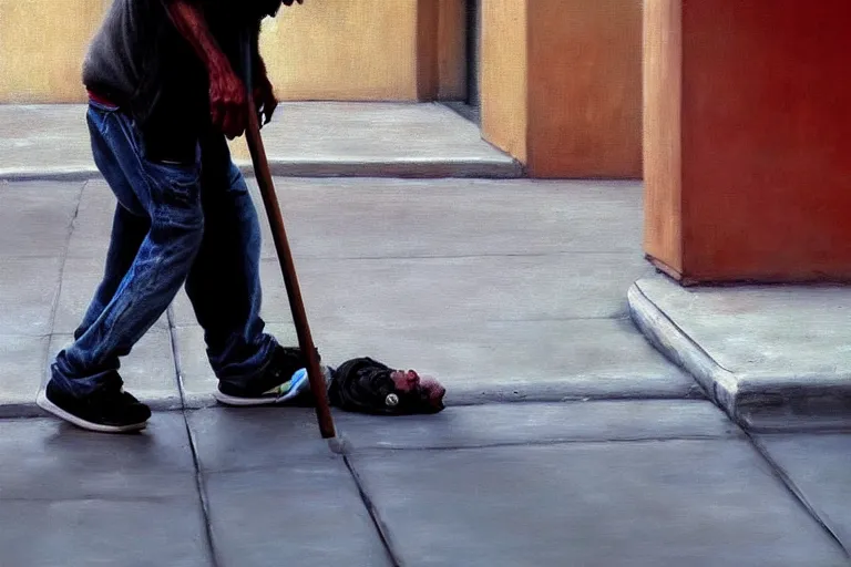 Prompt: ( ( a beautiful 8 k photorealistic masterpiece oil painting ) ( of ( a homeless man using crack in a los angeles sidewalk ) ) ) ( hyperrealism ) ( 1 6 k ) ( trending on artstation )