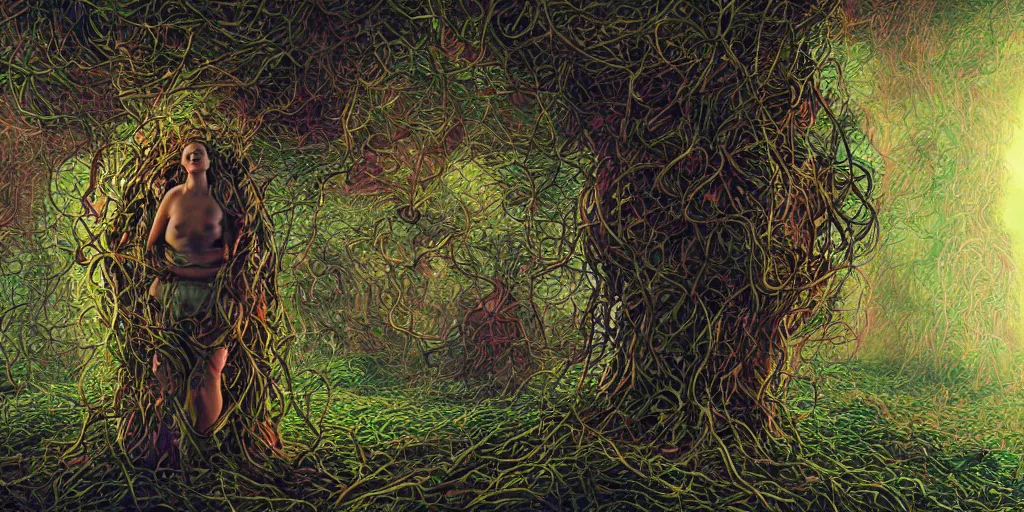 Prompt: a person trapped in extremely thick vines intertwined, central composition, high saturation, epic lighting, in the style of Peter gric and Hannah yata 8k