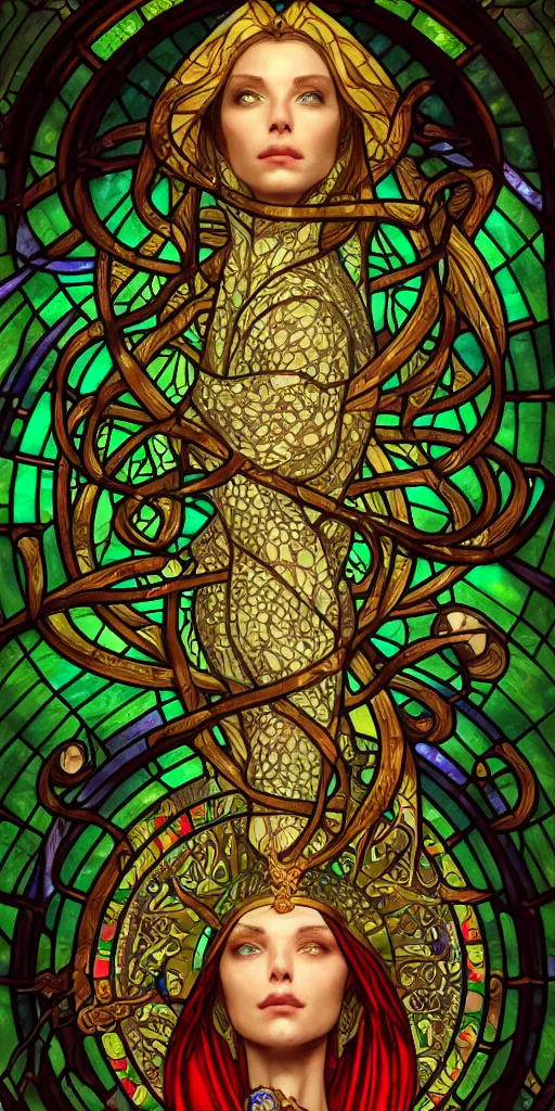 Prompt: stained glass window of sinister mage, snake queen, ancient, sand, emerald, intricate, highly detailed, digital painting, artstation, concept art, smooth, sharp focus, illustration, Unreal Engine 5, 8K, art by artgerm and greg rutkowski and alphonse mucha