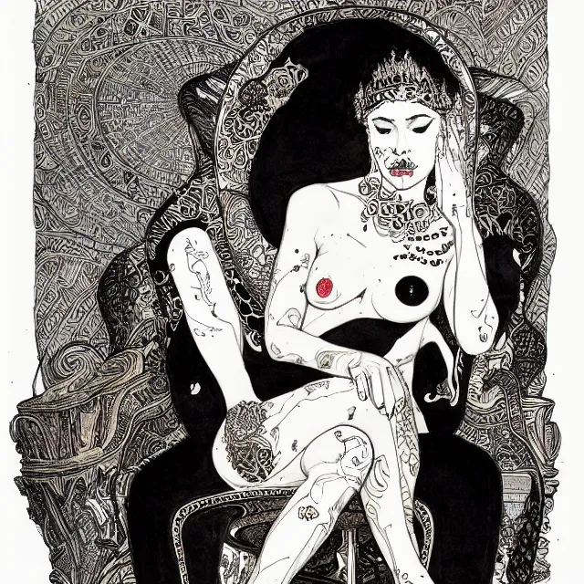 Image similar to salome full figure sitting on throne ink drawing by james jean very detailed high contrast xuan paper