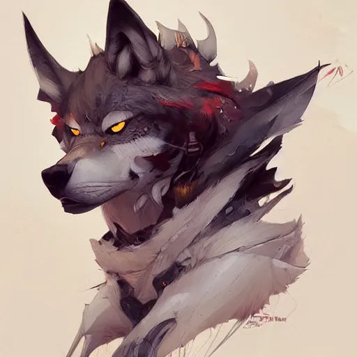 Image similar to concept art of anthropomorphized wolf, highly detailed painting by dustin nguyen, akihiko yoshida, greg tocchini, 4 k, trending on artstation, 8 k