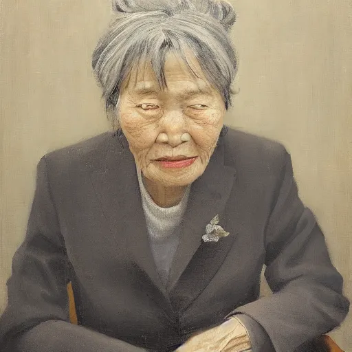 Prompt: portrait of an elderly Japanese woman dressed on a suit and tie, her gray hair in a tight bun, a serious expression on her face, oil on canvas, elegant pose, masterpiece, Jonathan Yeo painting