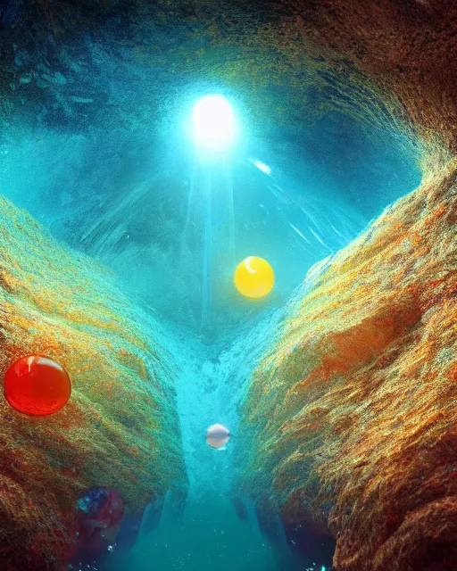 Image similar to the most beautiful star system inside of a crystal clear underwater cave,, coherent design, symmetrical, concept art, vivid color, complementary color, golden ratio, detailed, sharp lines, intricate, rainbowshift, by sahm, octane render