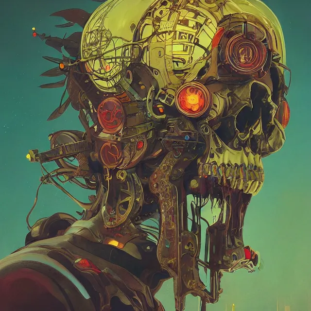 Image similar to a beautiful painting of a ( ( cyberpunk ) ) skull by simon stalenhag and pascal blanche and alphonse mucha! and nekro!. in style of digital art. colorful comic, film noirs!, symmetry, hyper detailed. octane render. trending on artstation