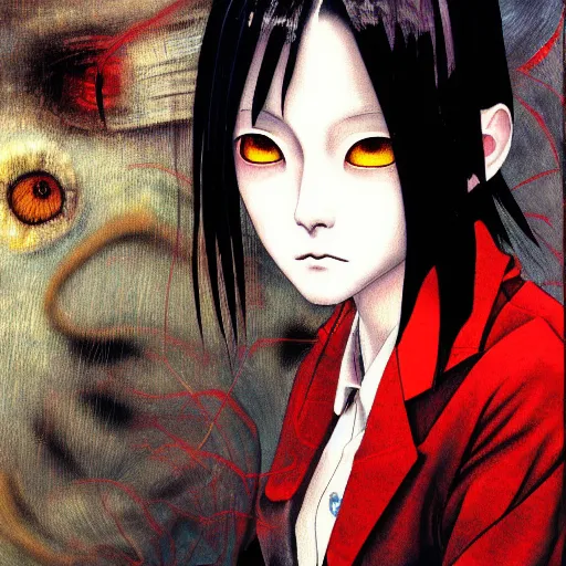 Prompt: yoshitaka amano blurred and dreamy realistic three quarter angle horror portrait of a sinister young woman with short hair, big spiky earrings and red eyes wearing office suit with tie, junji ito abstract patterns in the background, satoshi kon anime, noisy film grain effect, highly detailed, renaissance oil painting, weird portrait angle, blurred lost edges