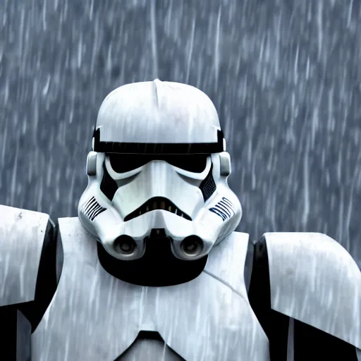Image similar to clone trooper screaming to the sky, fine details, heavy rain, 8 k, shallow depth of field, moody lighting, cinematic lighting,