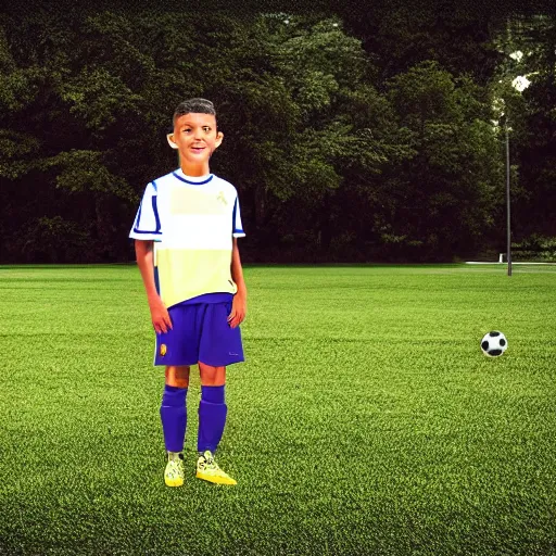 Image similar to a young boy wearing soccer clothes in the park, digital art