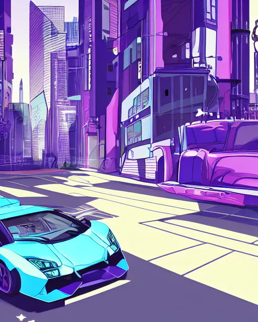 Prompt: cel shaded art of a pretty blue haired girl standing next to a purple lamborghinil, cyberpunk city street background