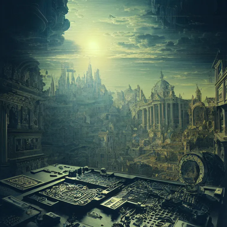 Image similar to motherboard, chip circuit, computer, dream - like atmosphere, baroque landscape painting, perfect composition, beautiful detailed intricate insanely detailed octane render trending on artstation, 8 k artistic photography, photorealistic, soft natural volumetric cinematic perfect light, chiaroscuro, award - winning photograph, masterpiece, raphael, caravaggio, greg rutkowski, beeple