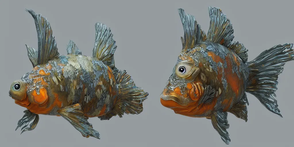 Prompt: a beautifull intricate cute 3 d goldfish made of fractal, unreal engine, wide shot, by octane render by ellen jewett