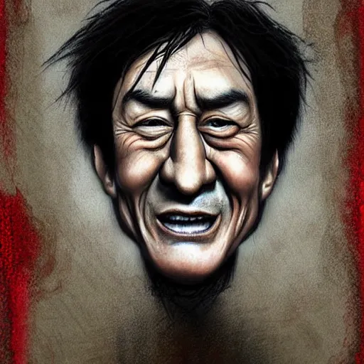 Image similar to surrealism grunge cartoon portrait sketch of Jackie Chan, by michael karcz, loony toons style, freddy krueger style, horror theme, detailed, elegant, intricate