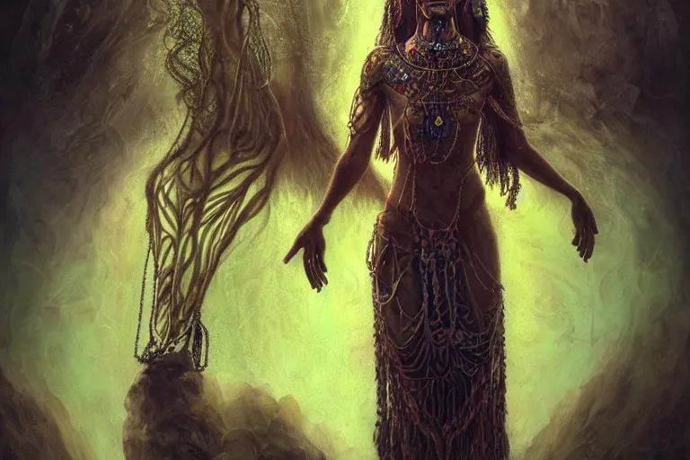 Image similar to meditating psychedelic shaman with trinket necklace, epic angle and pose, symmetrical artwork, ayahuasca, translucent, fungus, energy flows of water and fire, highly detailed, epic cinematic concept art, excellent composition, dystopian brutalist atmosphere, dynamic dramatic lighting, aesthetic, very inspirational, arthouse, Greg Rutkowski, Artgerm