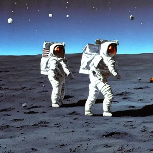 Image similar to painting of astronauts walking on the moon with the earth in the background, in the style of howard finster