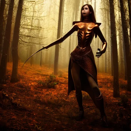 Image similar to highly detailed, ultra realistic, cinematic, woman full body with a copper nose and copper claws, high detail, 8 k, sharp focus, movie still, dramatic lighting, ray tracing, smooth, a female evil demonic character of kazakh mythology, jeztyrnak, standing in the night forrest