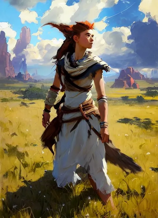 Image similar to Greg Manchess painting of Aloy from Horizon Zero Dawn, countryside, calm, fantasy character portrait, dynamic pose, above view, sunny day, thunder clouds in the sky, artwork by Jeremy Lipkin and Giuseppe Dangelico Pino and Michael Garmash and Rob Rey, very coherent asymmetrical artwork, sharp edges, perfect face, simple form, 100mm