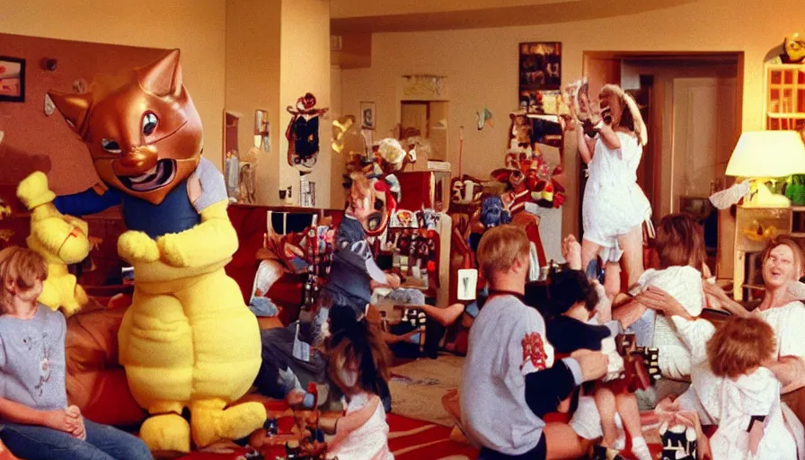 Image similar to 1990s candid 35mm photo of a beautiful day in the living room, cinematic lighting, cinematic look, golden hour, large costumed mascot people interacting with families, Enormous personified mascot people with outstandingly happy faces coming out of a portal and showing families how to teleport, cats playing chess, UHD