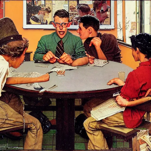 Image similar to Three students talking at a table artwork by Norman Rockwell, cinematic view, high quality