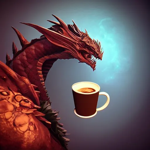 Prompt: “ a sad disappointed dragon sits and looks into a coffee mug, face portrait, unreal 5 engine render, concept art ”