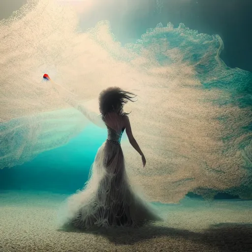 Prompt: woman dancing underwater wearing a flowing dress made of many translucent layers of silver and gold lace seaweed, delicate coral sea bottom, swirling silver fish, swirling smoke shapes, unreal engine, caustics lighting from above, cinematic, hyperdetailed