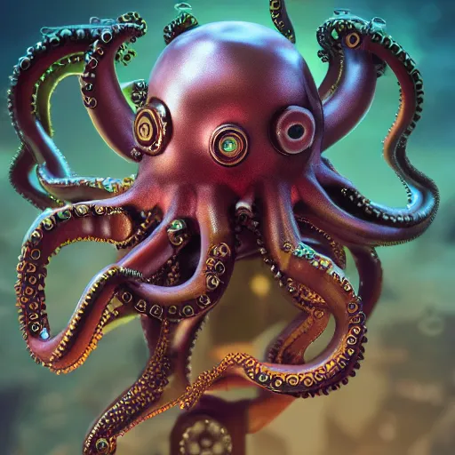 Image similar to steampunk octopus, portrait, robot, concept art, rim light, sharp focus, tilt shift, octane render, anime, highly detailed, colorful, iridescent