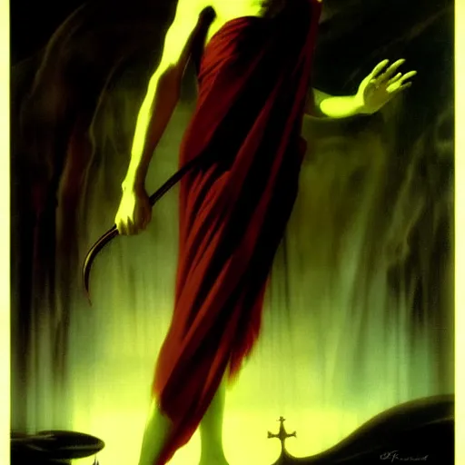 Image similar to Charon the ferryman of Hades, by Rolf Armstrong, dramatic lighting, high contrast colors, panoramic view, as trending on Artstation,