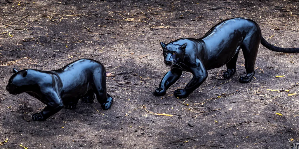 Prompt: the smooth black jaguar, made of smooth black goo, bating in tar in the zoo exhibit, viscous, sticky, full of tar, covered with black goo. photography, dslr, reflections, black goo, zoo, exhibit