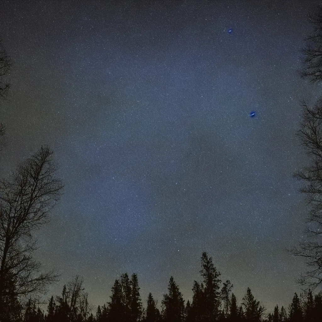 Image similar to night forest, stars, moon, blue light, 8 k, realistic