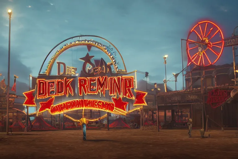 Image similar to 3d sculpt of an arched ironwork sign for a circus called 'the dark metal carnival', red dead redemption2, las vegas, artstaton, digital illustration