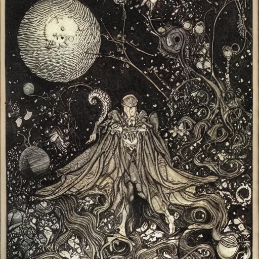 Image similar to many terrible eyes in space, fabulous illustrations, oil painting, symmetric, elegant, illustrations by irish fairy tales james stephens arthur rackham, 4k, 8k ,