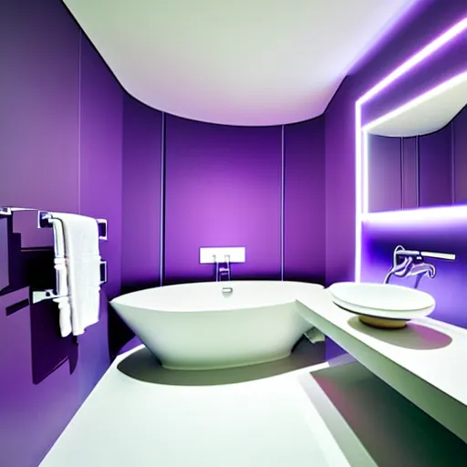 Prompt: a large bathroom, colorful, bright, designed by zaha hadid