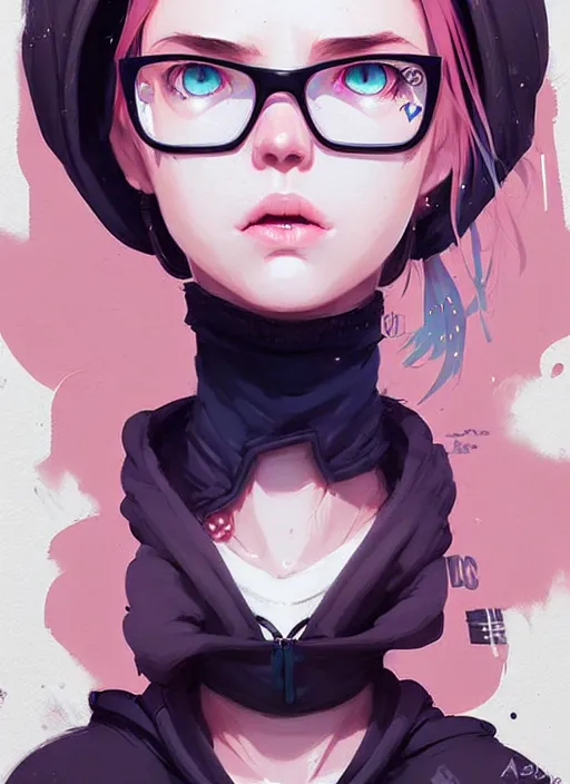 Image similar to highly detailed portrait of a urban punk lady student, blue eyes, hoodie, white hair by atey ghailan, by greg rutkowski, by greg tocchini, by james gilleard, by joe fenton, by kaethe butcher, gradient black, brown and pink color scheme, grunge aesthetic!!! ( ( graffiti tag wall background ) )