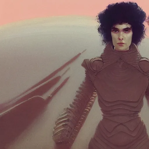 Prompt: Portrait of Grimes (Met Gala 2021) in Dune 1984, illustrated by Greg Rutkowski, trending on artstation, artstationHQ, artstationHD, 4k, 8k