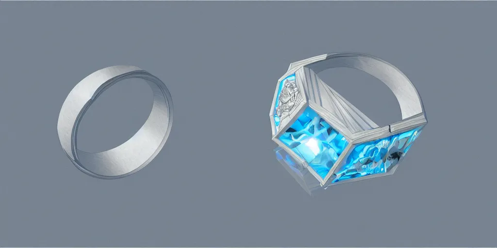 Prompt: stunning magic ring with a diamond, ice, blue, engraving, d & d, item, graphic, close - up, design, shimmer, artbook, page, detailed, trending on artstation, cgsociety, ralph mcquarrie and greg rutkowski