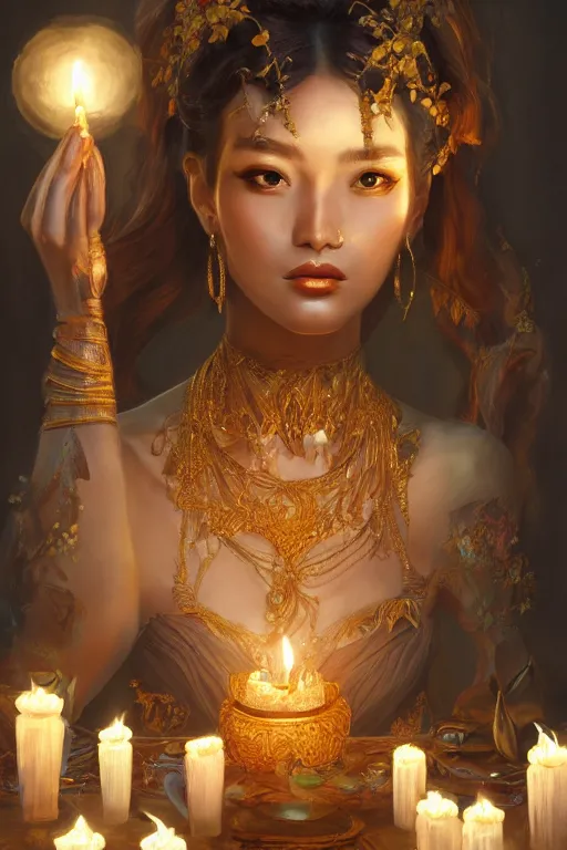 Image similar to Beautiful detailed portrait of an exotic goddess lit by candles, Nick Silva, Shin JeongHo, Wandah Kurniawan, Symmetrical composition with people centered, realistic proportions, trending on artstation